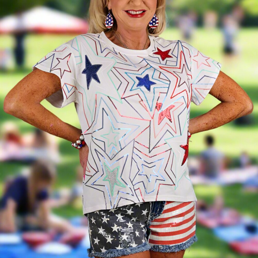 NWT Queen of Sparkles White Groovy Red, Blue & Sequin Star Tee